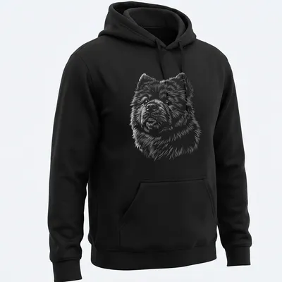Sketch illustration of a playful Chow Chow dog in black, white, and gray — printed on a unisex hoodie