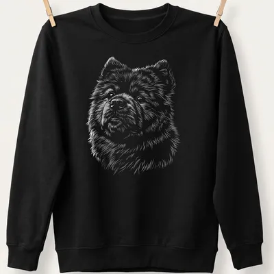 Sketch illustration of a playful Chow Chow dog in black, white, and gray — printed on a unisex sweatshirt