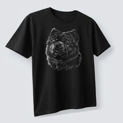 Sketch illustration of a playful Chow Chow dog in black, white, and gray — printed on a unisex t-shirt (angled view)