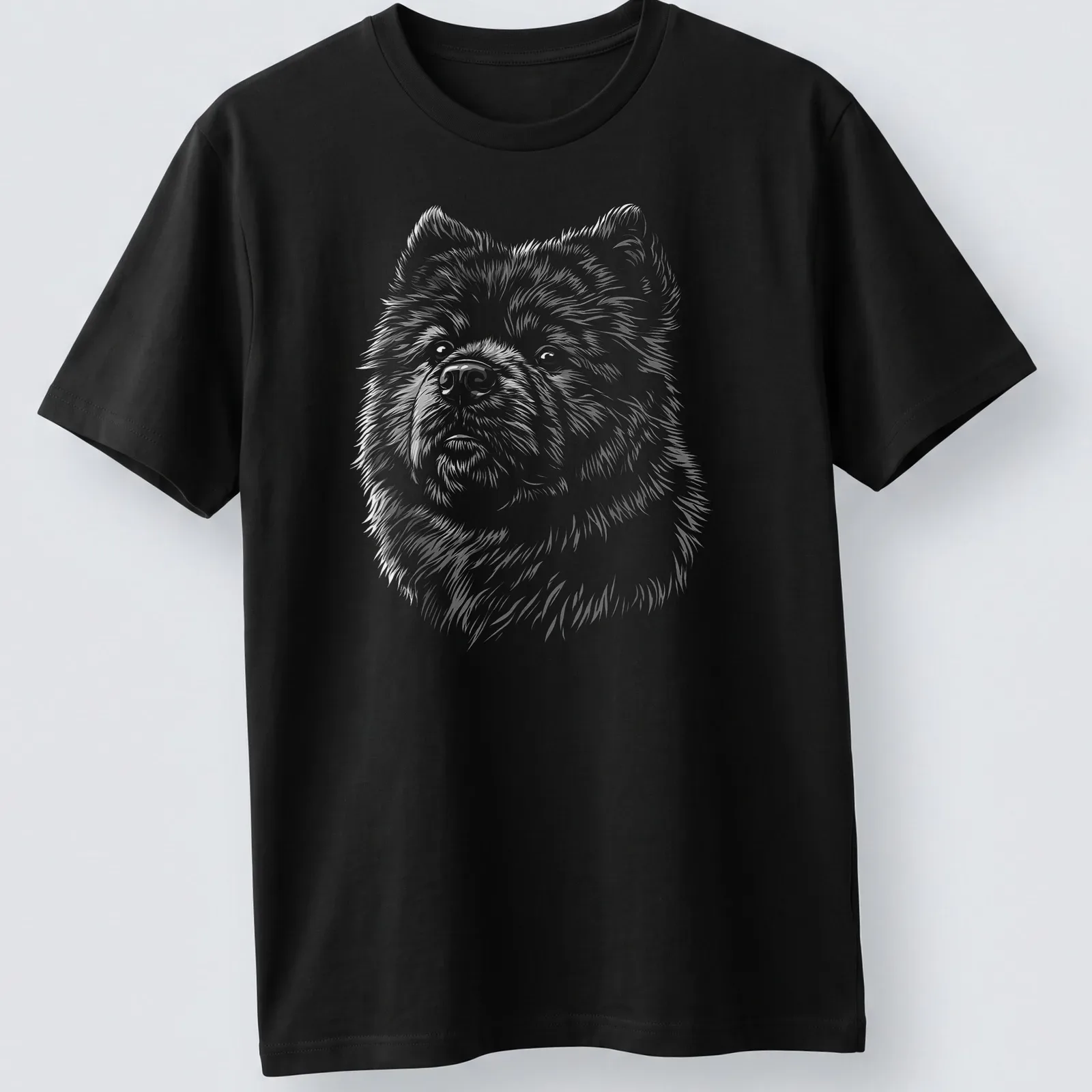 Sketch illustration of a playful Chow Chow dog in black, white, and gray — printed on a unisex t-shirt