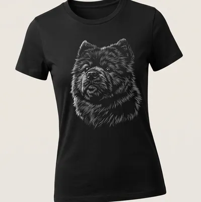 Sketch illustration of a playful Chow Chow dog in black, white, and gray — printed on a women's shirt