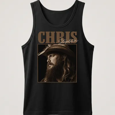 Vintage sepia t-shirt featuring Chris Stapleton's name in bold lettering — printed on a tank top