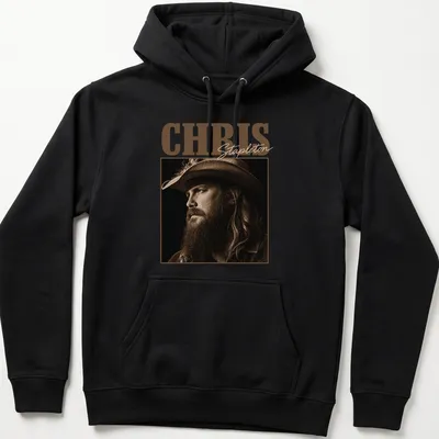Vintage sepia t-shirt featuring Chris Stapleton's name in bold lettering — printed on a unisex hoodie