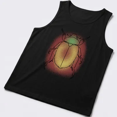 Line art of a colorful Christmas beetle in red, yellow, and green — printed on a tank top