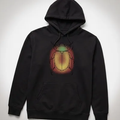 Line art of a colorful Christmas beetle in red, yellow, and green — printed on a unisex hoodie