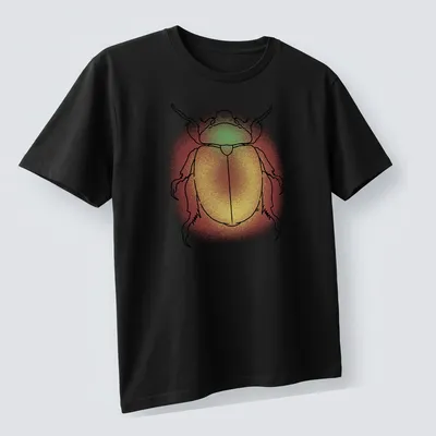 Line art of a colorful Christmas beetle in red, yellow, and green — printed on a unisex t-shirt (angled view)