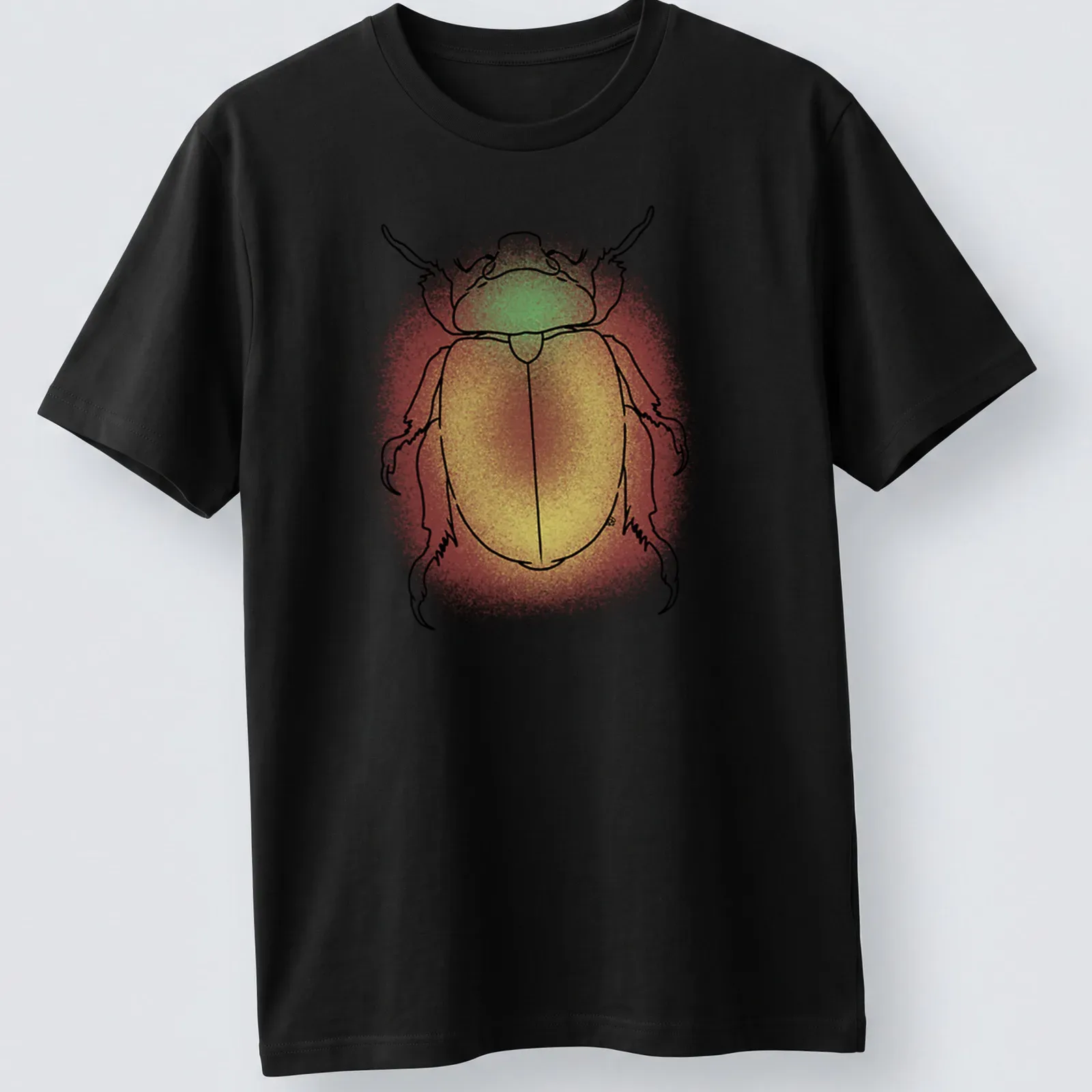 Line art of a colorful Christmas beetle in red, yellow, and green — printed on a unisex t-shirt
