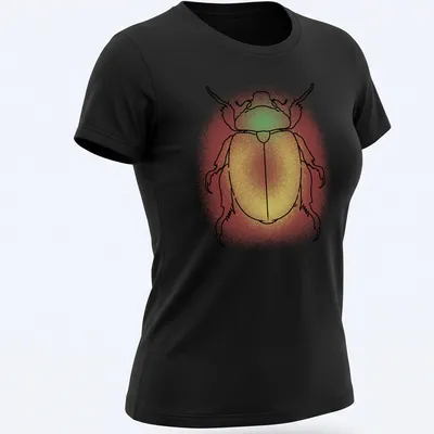 Line art of a colorful Christmas beetle in red, yellow, and green — printed on a women's shirt