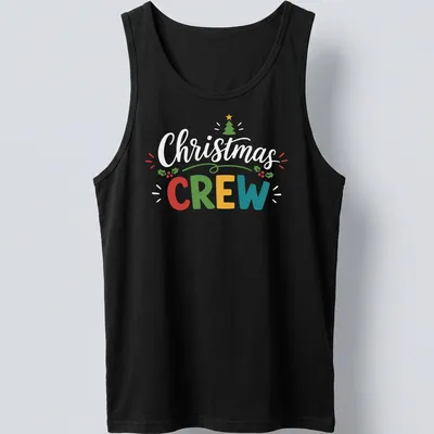 Retro festive t-shirt featuring a colorful Christmas tree and the word Crew — printed on a tank top