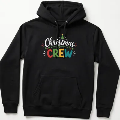 Retro festive t-shirt featuring a colorful Christmas tree and the word Crew — printed on a unisex hoodie