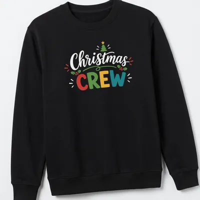 Retro festive t-shirt featuring a colorful Christmas tree and the word Crew — printed on a unisex sweatshirt