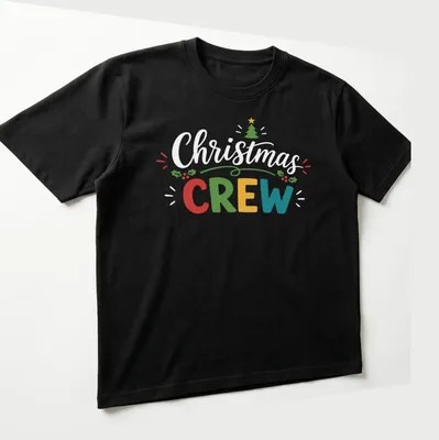 Retro festive t-shirt featuring a colorful Christmas tree and the word Crew — printed on a unisex t-shirt (angled view)