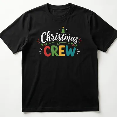 Retro festive t-shirt featuring a colorful Christmas tree and the word Crew