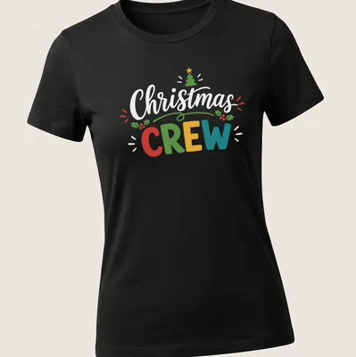Retro festive t-shirt featuring a colorful Christmas tree and the word Crew — printed on a women's shirt