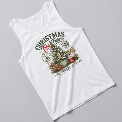 Vintage rustic Christmas Tree Farm t-shirt with festive text and tree imagery — printed on a tank top