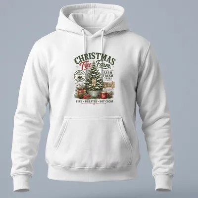 Vintage rustic Christmas Tree Farm t-shirt with festive text and tree imagery — printed on a unisex hoodie