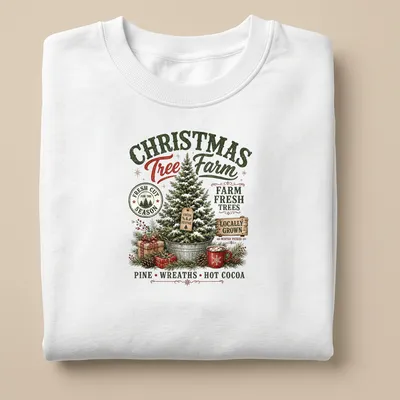 Vintage rustic Christmas Tree Farm t-shirt with festive text and tree imagery — printed on a unisex sweatshirt