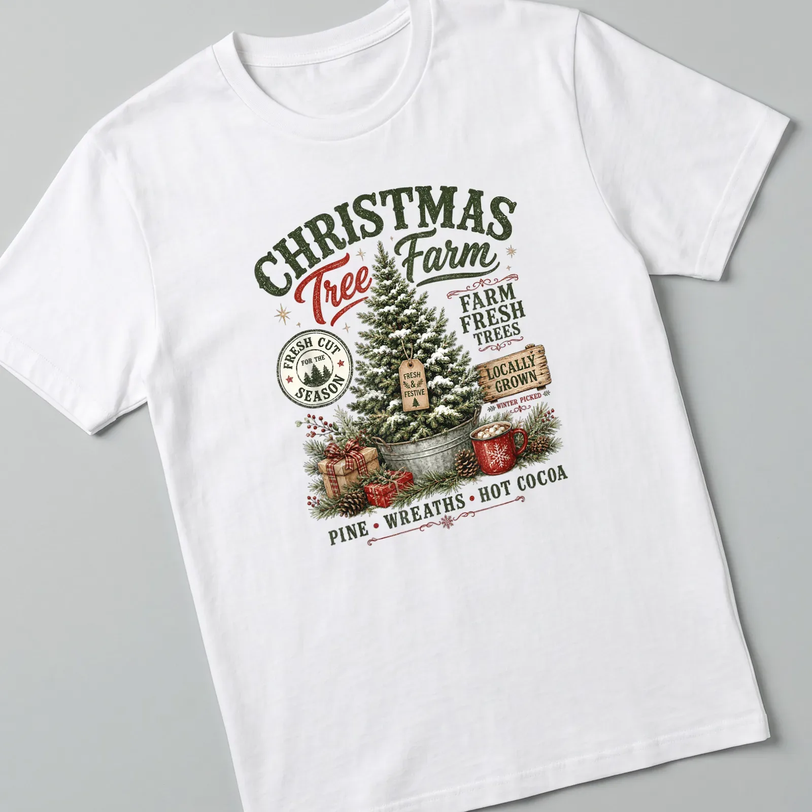 Vintage rustic Christmas Tree Farm t-shirt with festive text and tree imagery — printed on a unisex t-shirt