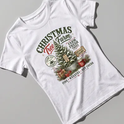 Vintage rustic Christmas Tree Farm t-shirt with festive text and tree imagery — printed on a women's shirt