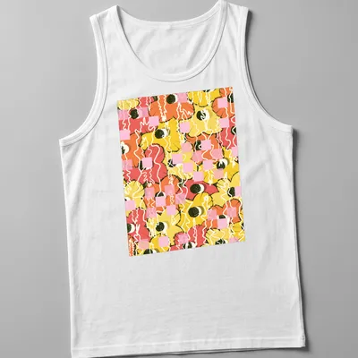 Illustration of colorful citrus flowers in orange, pink, yellow, green, and white. — printed on a tank top