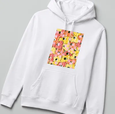 Illustration of colorful citrus flowers in orange, pink, yellow, green, and white. — printed on a unisex hoodie