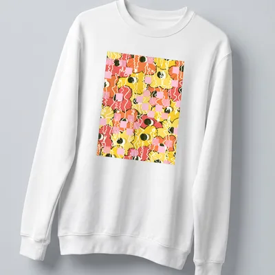 Illustration of colorful citrus flowers in orange, pink, yellow, green, and white. — printed on a unisex sweatshirt
