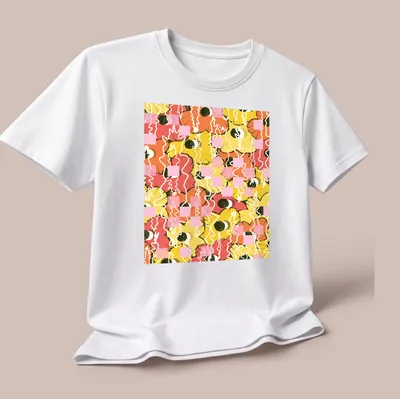 Illustration of colorful citrus flowers in orange, pink, yellow, green, and white. — printed on a unisex t-shirt (angled view)