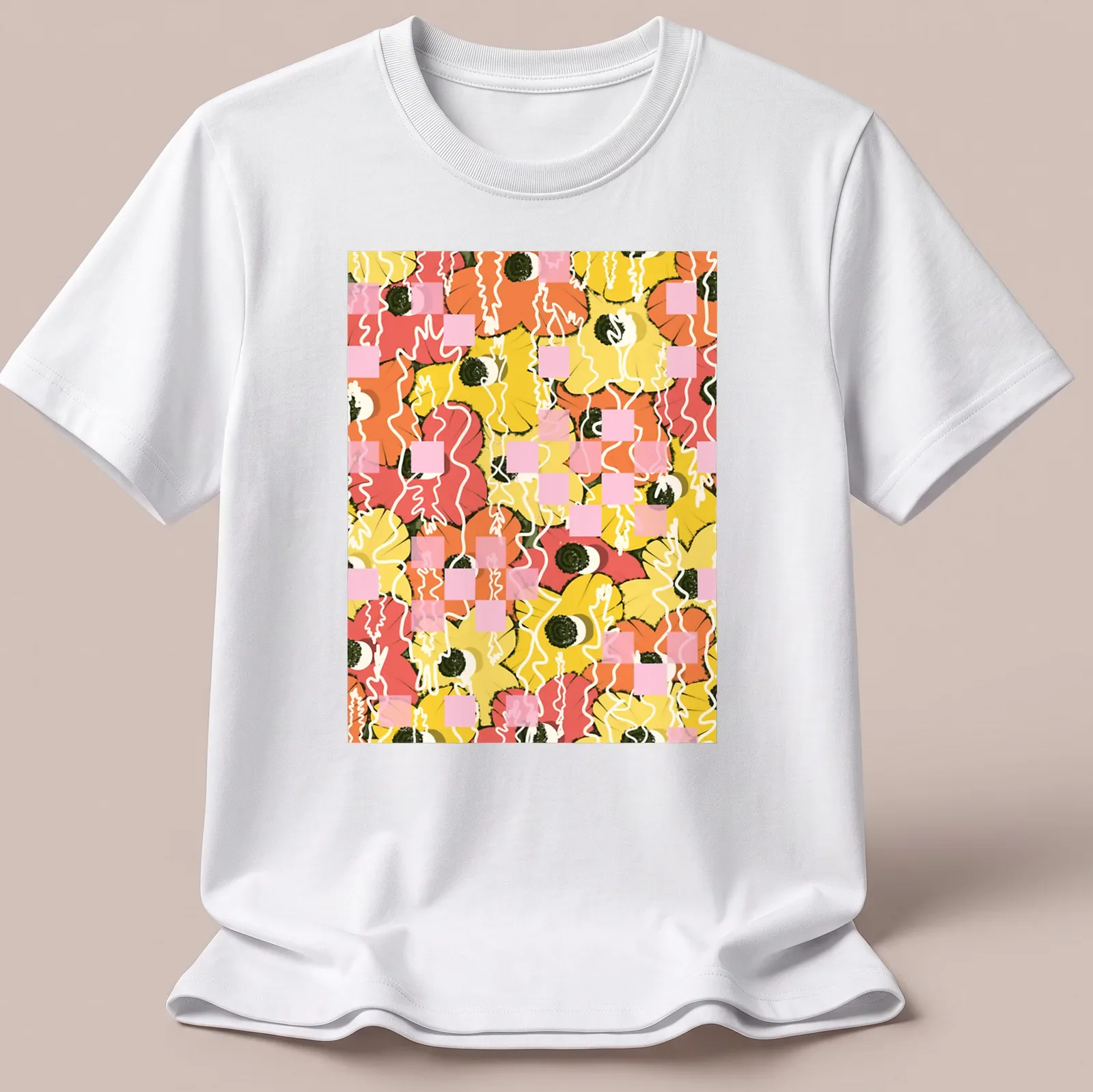 Illustration of colorful citrus flowers in orange, pink, yellow, green, and white. — printed on a unisex t-shirt