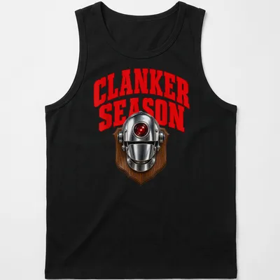 Bold graphic of a robot head with the text CLANKER SEASON in red and silver — printed on a tank top