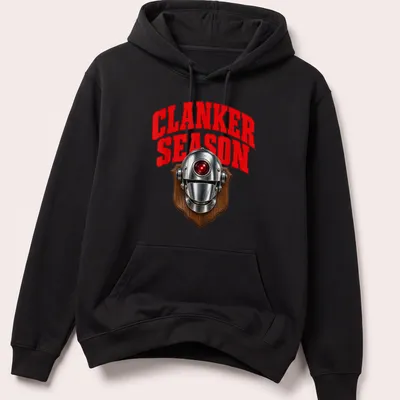 Bold graphic of a robot head with the text CLANKER SEASON in red and silver — printed on a unisex hoodie