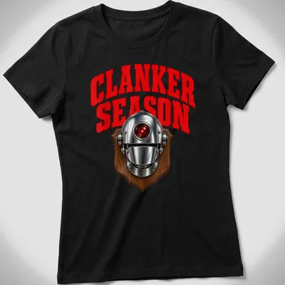 Bold graphic of a robot head with the text CLANKER SEASON in red and silver — printed on a women's shirt