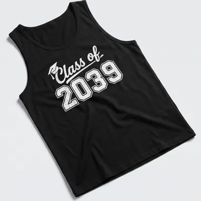 Retro distressed shirt featuring a graduation cap and Class of 2039 text — printed on a tank top