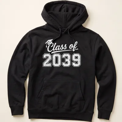 Retro distressed shirt featuring a graduation cap and Class of 2039 text — printed on a unisex hoodie