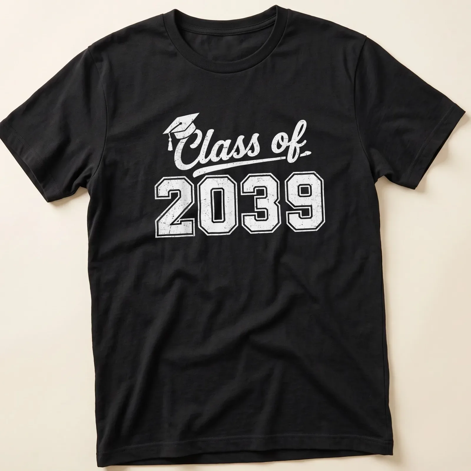 Retro distressed shirt featuring a graduation cap and Class of 2039 text — printed on a unisex t-shirt