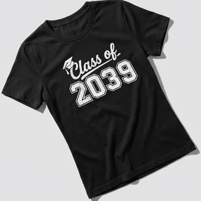 Retro distressed shirt featuring a graduation cap and Class of 2039 text — printed on a women's shirt