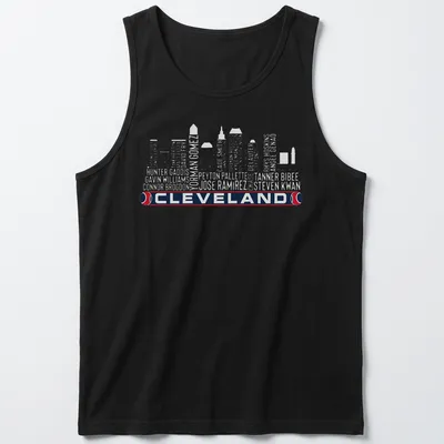 Vintage-style t-shirt featuring Cleveland skyline with bold lettering — printed on a tank top
