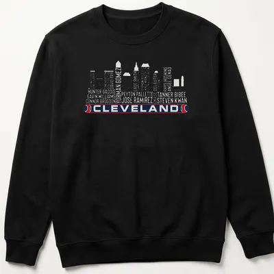 Vintage-style t-shirt featuring Cleveland skyline with bold lettering — printed on a unisex sweatshirt