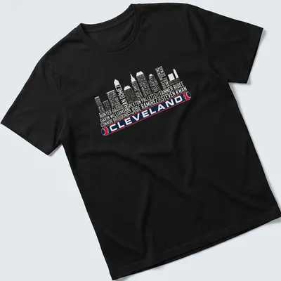 Vintage-style t-shirt featuring Cleveland skyline with bold lettering