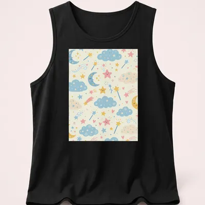 Cute whimsical clouds and stars seamless pattern in light blue, pink, yellow, and cream — printed on a tank top