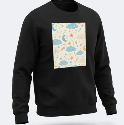Cute whimsical clouds and stars seamless pattern in light blue, pink, yellow, and cream — printed on a unisex sweatshirt