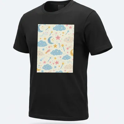 Cute whimsical clouds and stars seamless pattern in light blue, pink, yellow, and cream