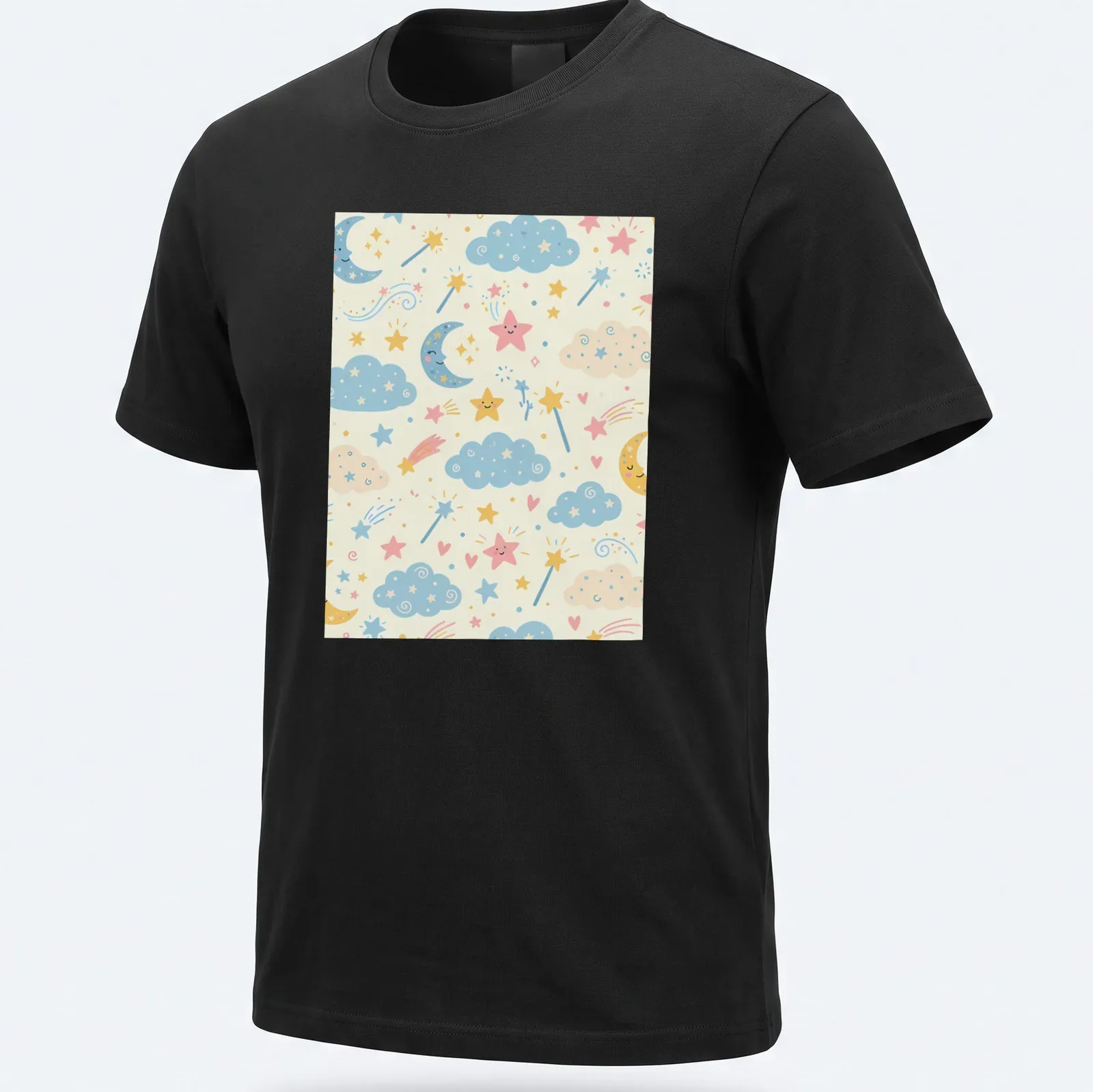 Cute whimsical clouds and stars seamless pattern in light blue, pink, yellow, and cream — printed on a unisex t-shirt