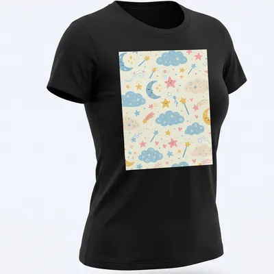 Cute whimsical clouds and stars seamless pattern in light blue, pink, yellow, and cream — printed on a women's shirt