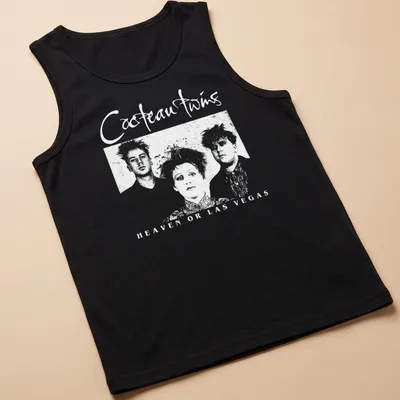 Vintage Cocteau Twins t-shirt with black and white text and stylish font — printed on a tank top
