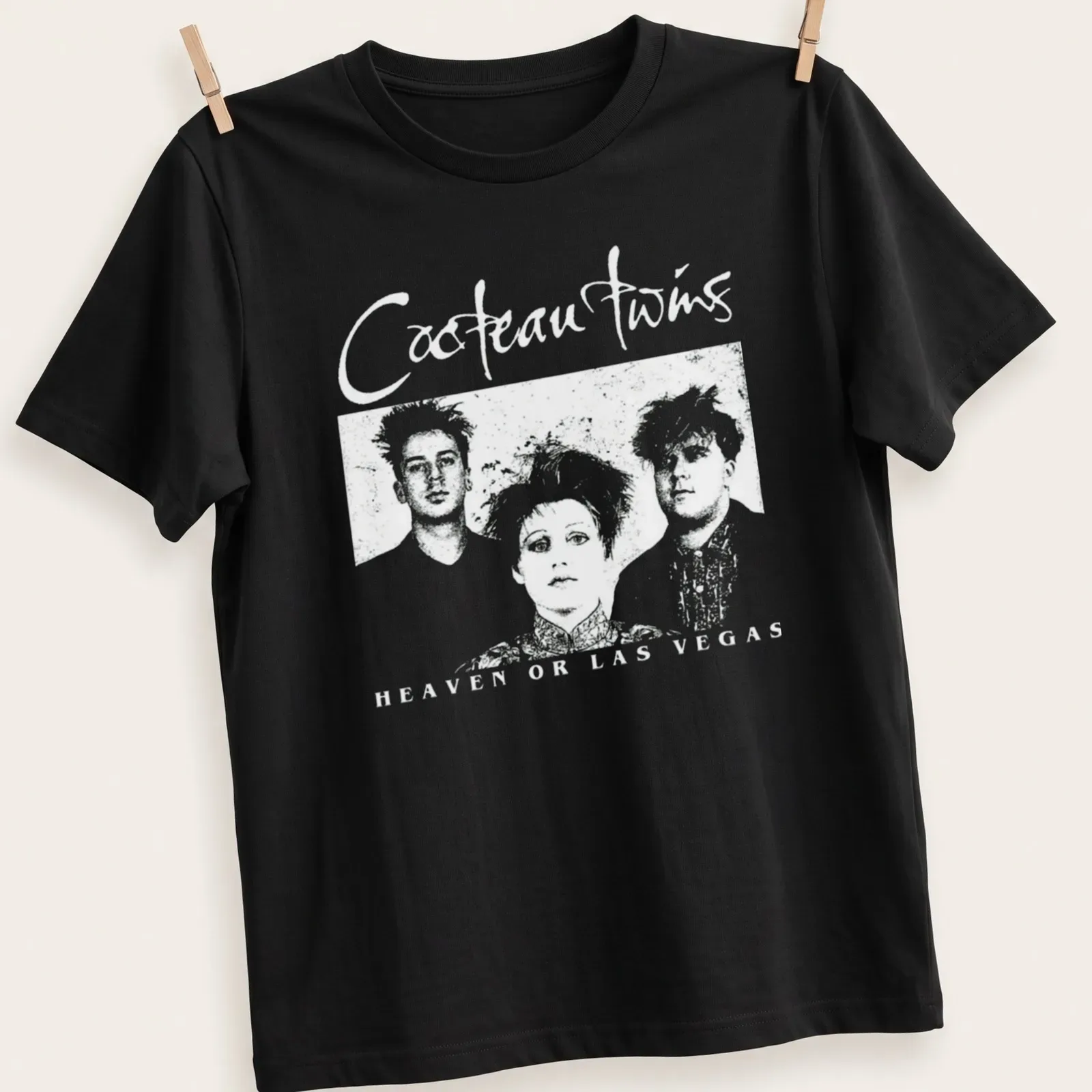 Vintage Cocteau Twins t-shirt with black and white text and stylish font — printed on a unisex t-shirt