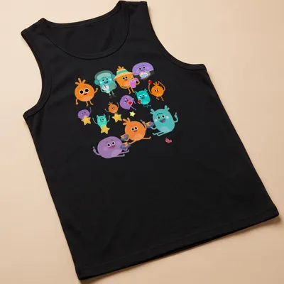 Kawaii style t-shirt with colorful cartoon characters enjoying drinks — printed on a tank top