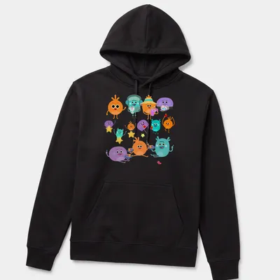 Kawaii style t-shirt with colorful cartoon characters enjoying drinks — printed on a unisex hoodie