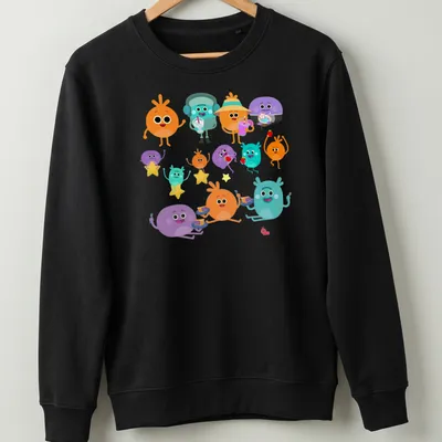Kawaii style t-shirt with colorful cartoon characters enjoying drinks — printed on a unisex sweatshirt
