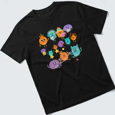 Kawaii style t-shirt with colorful cartoon characters enjoying drinks