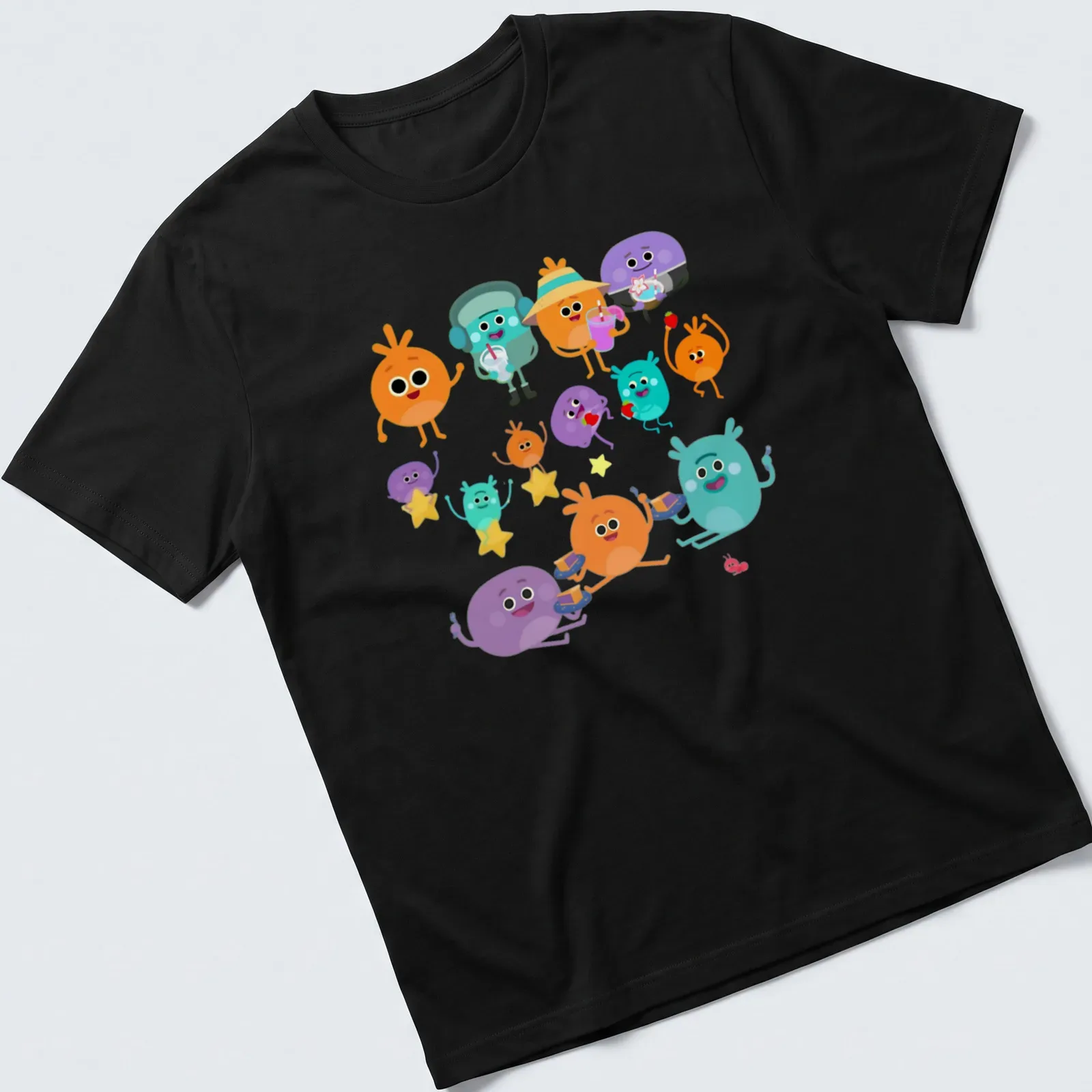 Kawaii style t-shirt with colorful cartoon characters enjoying drinks — printed on a unisex t-shirt
